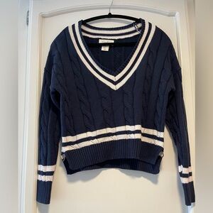 Jessica Simpson Navy Blue V-Neck Sweater with White Stripes